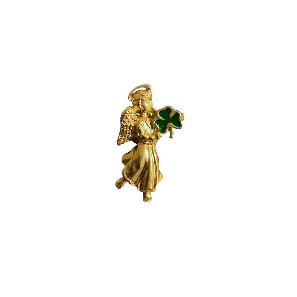 St Patricks Day Gold Toned Angel 3 Leaf Clover Lapel Pin Hat Pinback Avon